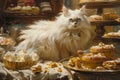 Majestic Fluffy White Cat Surrounded by Delicious Assorted Pastries in a Cozy Vintage Bakery Setting
