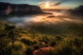 Majestic foggy sunrise at mountain plateau. Generative AI