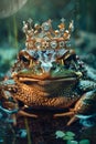 Majestic Frog King Sitting on Throne in Enchanted Forest Magical Amphibian Monarch with Golden Crown