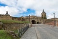 Majestic front view at the fortress gate and iconic spanish Romanesque architecture building at the Cuidad Rodrigo cathedral,