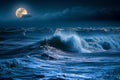 A majestic full moon casting its luminous glow over the rhythmic crashing waves of the ocean, Ocean waves illuminated by an Royalty Free Stock Photo