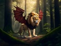 Majestic Fusion: Lion with Dragon Wings in the Enchanted Forest