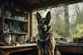 Majestic german shepherd poses serenely in a vibrant and dynamic workshop setting