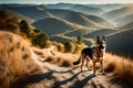 A majestic German Shepherd standing proudly on a hill, overlooking a scenic landscape