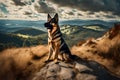 A majestic German Shepherd standing proudly on a hill, overlooking a scenic landscape