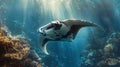 Majestic giant manta ray gliding above sunlit coral reef, with dazzling light reflecting on its skin Royalty Free Stock Photo