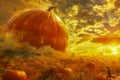 Majestic Giant Pumpkin Dominating Field at Golden Sunset with Vibrant Autumn Colors and Dreamy Cloudscape Backdrop