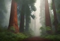 Majestic Giants: Giant Redwoods in a Misty Forest with Towering Trees