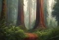 Majestic Giants: Giant Redwoods in a Misty Forest with Towering Trees