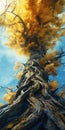 Hyperrealistic Illustrations Of A Tree Rooted In Dark Blue Cloud And Yellow Branches