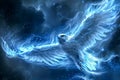 Majestic Glowing Blue Phoenix in Flight under Starry Night Sky, Mythical Firebird Concept Art Royalty Free Stock Photo