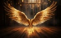 Majestic golden angel wings spread wide open in a wooden room with ethereal light and sparkling dust symbolizing freedom