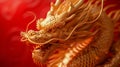 Majestic Golden Dragon Sculpture on Red Background. Generative ai Royalty Free Stock Photo