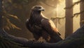 A majestic golden eagle perched on a tree branch in a forest, with a foggy background and sunlight. Generative AI