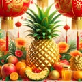 A majestic golden pineapple with green leaves, mei hwa flower petals and fruits arounds, hamging red chinese lantern, cute