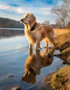 Majestic Golden Retriever Enjoying Nature by the Lake with Sky and Clouds Reflection