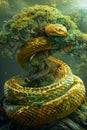 Majestic Golden Snake Coiled Around an Enchanted Tree in a Mystical Forest Royalty Free Stock Photo
