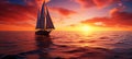 Majestic Golden Sunset over Ocean with Sailboat. Embracing the Tranquil Beauty on the Horizon Royalty Free Stock Photo