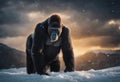 A majestic gorilla stands against a backdrop of a sun-soaked winter morning sky