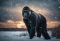 A majestic gorilla stands against a backdrop of a sun-soaked winter morning sky