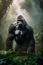 Majestic gorilla stands in a lush tropical jungle. AI-generated.