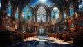 Majestic Gothic basilica, illuminated stained glass, symbolizes spirituality and history generated by AI
