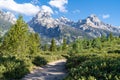 The majestic Grand Tetons mountains as seen from the Taggart Lake trail in Grand Teton National Park