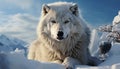 A majestic gray wolf sits in the snowy arctic landscape generated by AI