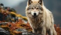 Majestic gray wolf sitting in snow, watching wilderness adventure generated by AI