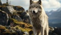 Majestic gray wolf standing in snowy mountain, watching wilderness generated by AI