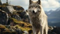 Majestic gray wolf standing in snowy wilderness, watching with alertness generated by AI