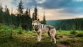 Majestic Gray Wolf Strolling through a Lush Forest under the Glow of a Dusky Sky, Emphasizing the Importance of Wildlife Royalty Free Stock Photo