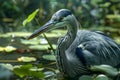 Majestic Great Blue Heron Standing Amidst Water Lilies in a Serene Pond Environment, Wildlife in Natural Habitat Royalty Free Stock Photo
