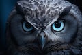 Majestic great gray owl portrait with neon blue eyes symbolizing nature freedom and mystery