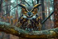 Majestic Great Horned Owl Perched on Tree Branch in Mystic Autumn Forest Royalty Free Stock Photo