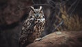 The majestic great horned owl perches on a snowy branch generated by AI Royalty Free Stock Photo