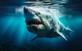 Majestic Great White Shark Gliding Through Sunlit Waters Above Deep Ocean Floor Predatory Beauty of Marine Life Royalty Free Stock Photo