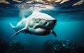 Majestic Great White Shark Gliding Through Sunlit Waters Above Deep Ocean Floor Predatory Beauty of Marine Life Royalty Free Stock Photo