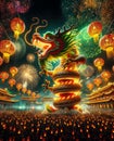 Majestic green dragon, symbolize Chinese New Year of 2024 in the middle of the crowd celebrating the New Year