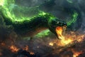 Majestic Green Fire Breathing Dragon Soaring Through Stormy Skies Fantasy Art Illustration Royalty Free Stock Photo