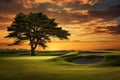 Majestic Green gold course sunset grass. Generate AI