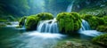 Majestic Green Waterfall Oasis in Lush Forest. Generative ai Royalty Free Stock Photo