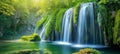 Majestic Green Waterfall Oasis in Lush Forest. Generative ai Royalty Free Stock Photo