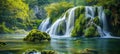 Majestic Green Waterfall Oasis in Lush Forest. Generative ai Royalty Free Stock Photo