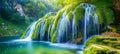 Majestic Green Waterfall Oasis in Lush Forest. Generative ai Royalty Free Stock Photo