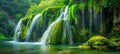 Majestic Green Waterfall Oasis in Lush Forest. Generative ai Royalty Free Stock Photo