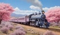 Majestic grey steam train gracefully passing through the breathtaking spring mountainscape