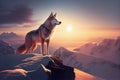 majestic grey wolf atop snowy mountain peak, with the sun rising in the distance