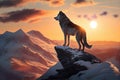 majestic grey wolf atop snowy mountain peak, with the sun rising in the distance