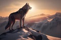 majestic grey wolf atop snowy mountain peak, with the sun rising in the distance